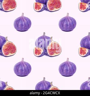 Blue and purple round fig fruit seamless pattern on light background. Stock Photo