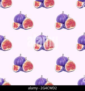 Blue and purple round fig fruit seamless pattern on light background. Stock Photo