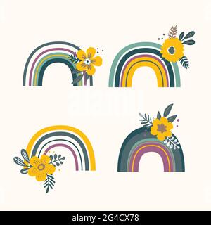 Trendy isolated colorful hand drawn rainbows with flowers. Design for invitation, poster, card, fabric. Cute abstract holiday rainbow illustration for Stock Vector