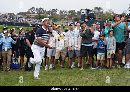 San Diego, United States. 20th June, 2021. Bryson DeChambeau of the USA, reacts after hitting out of the gallery on the 10th green at the 121st US Open Championship at Torrey Pines Golf Course in San Diego, California on Sunday, June 20, 2021. Photo by Richard Ellis/UPI Credit: UPI/Alamy Live News Stock Photo