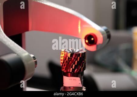 CNC milling cutter test with presetting and measuring machine. Selective focus. Stock Photo