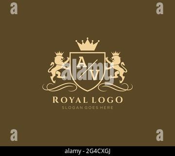 AV Letter Lion Royal Luxury Heraldic,Crest Logo template in vector art for Restaurant, Royalty, Boutique, Cafe, Hotel, Heraldic, Jewelry, Fashion and Stock Vector