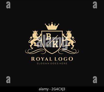 BK Letter Lion Royal Luxury Heraldic,Crest Logo template in vector art for Restaurant, Royalty, Boutique, Cafe, Hotel, Heraldic, Jewelry, Fashion and Stock Vector