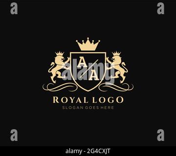 AA Letter Lion Royal Luxury Heraldic,Crest Logo template in vector art for Restaurant, Royalty, Boutique, Cafe, Hotel, Heraldic, Jewelry, Fashion and Stock Vector