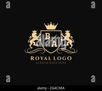 BA Letter Lion Royal Luxury Heraldic,Crest Logo template in vector art for Restaurant, Royalty, Boutique, Cafe, Hotel, Heraldic, Jewelry, Fashion and Stock Vector