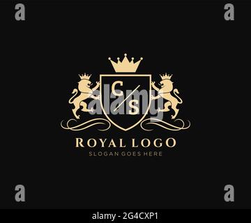CS Letter Lion Royal Luxury Heraldic,Crest Logo template in vector art for Restaurant, Royalty, Boutique, Cafe, Hotel, Heraldic, Jewelry, Fashion and Stock Vector