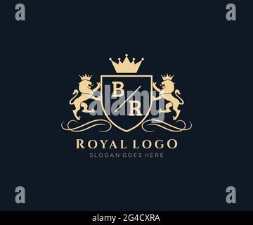BR Letter Lion Royal Luxury Heraldic,Crest Logo template in vector art for Restaurant, Royalty, Boutique, Cafe, Hotel, Heraldic, Jewelry, Fashion and Stock Vector