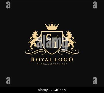 CI Letter Lion Royal Luxury Heraldic,Crest Logo template in vector art for Restaurant, Royalty, Boutique, Cafe, Hotel, Heraldic, Jewelry, Fashion and Stock Vector