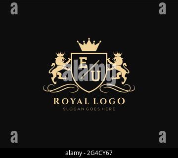 EU Letter Lion Royal Luxury Heraldic,Crest Logo template in vector art for Restaurant, Royalty, Boutique, Cafe, Hotel, Heraldic, Jewelry, Fashion and Stock Vector