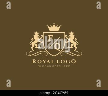 FQ Letter Lion Royal Luxury Heraldic,Crest Logo template in vector art for Restaurant, Royalty, Boutique, Cafe, Hotel, Heraldic, Jewelry, Fashion and Stock Vector