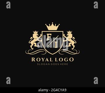 FI Letter Lion Royal Luxury Heraldic,Crest Logo template in vector art for Restaurant, Royalty, Boutique, Cafe, Hotel, Heraldic, Jewelry, Fashion and Stock Vector