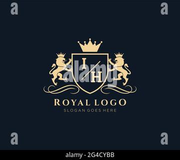 IH Letter Lion Royal Luxury Heraldic,Crest Logo template in vector art for Restaurant, Royalty, Boutique, Cafe, Hotel, Heraldic, Jewelry, Fashion and Stock Vector