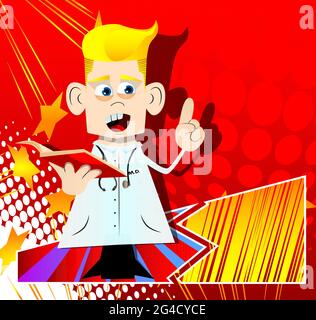 Funny cartoon doctor reading a red book and making a point. Vector illustration. Health care worker teaching. Stock Vector