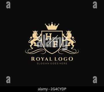 HF Letter Lion Royal Luxury Heraldic,Crest Logo template in vector art for Restaurant, Royalty, Boutique, Cafe, Hotel, Heraldic, Jewelry, Fashion and Stock Vector