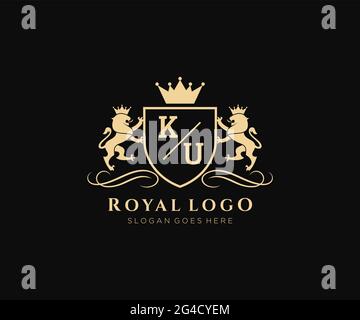 KU Letter Lion Royal Luxury Heraldic,Crest Logo template in vector art for Restaurant, Royalty, Boutique, Cafe, Hotel, Heraldic, Jewelry, Fashion and Stock Vector