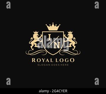 IN Letter Lion Royal Luxury Heraldic,Crest Logo template in vector art for Restaurant, Royalty, Boutique, Cafe, Hotel, Heraldic, Jewelry, Fashion and Stock Vector