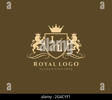 IL Letter Lion Royal Luxury Heraldic,Crest Logo template in vector art for Restaurant, Royalty, Boutique, Cafe, Hotel, Heraldic, Jewelry, Fashion and Stock Vector