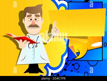 Funny cartoon doctor reading a red book and making a point. Vector illustration. Health care worker teaching. Stock Vector