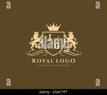 IG Letter Lion Royal Luxury Heraldic,Crest Logo template in vector art for Restaurant, Royalty, Boutique, Cafe, Hotel, Heraldic, Jewelry, Fashion and Stock Vector