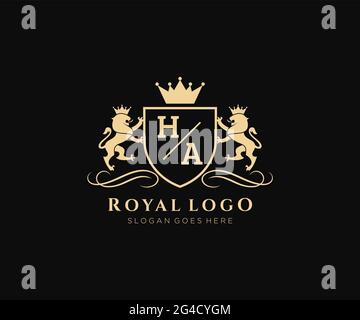 HA Letter Lion Royal Luxury Heraldic,Crest Logo template in vector art for Restaurant, Royalty, Boutique, Cafe, Hotel, Heraldic, Jewelry, Fashion and Stock Vector