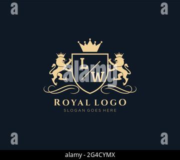 LW Letter Lion Royal Luxury Heraldic,Crest Logo template in vector art for Restaurant, Royalty, Boutique, Cafe, Hotel, Heraldic, Jewelry, Fashion and Stock Vector