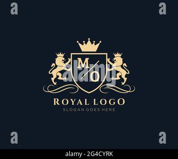 MO Letter Lion Royal Luxury Heraldic,Crest Logo template in vector art for Restaurant, Royalty, Boutique, Cafe, Hotel, Heraldic, Jewelry, Fashion and Stock Vector