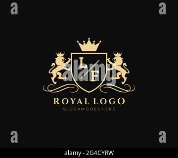 LF Letter Lion Royal Luxury Heraldic,Crest Logo template in vector art for Restaurant, Royalty, Boutique, Cafe, Hotel, Heraldic, Jewelry, Fashion and Stock Vector
