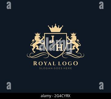 JHJH Letter Lion Royal Luxury Heraldic,Crest Logo template in vector art for Restaurant, Royalty, Boutique, Cafe, Hotel, Heraldic, Jewelry, Fashion an Stock Vector