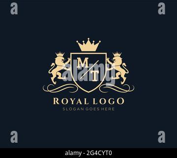 MT Letter Lion Royal Luxury Heraldic,Crest Logo template in vector art for Restaurant, Royalty, Boutique, Cafe, Hotel, Heraldic, Jewelry, Fashion and Stock Vector