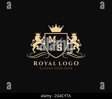 MS Letter Lion Royal Luxury Heraldic,Crest Logo template in vector art for Restaurant, Royalty, Boutique, Cafe, Hotel, Heraldic, Jewelry, Fashion and Stock Vector