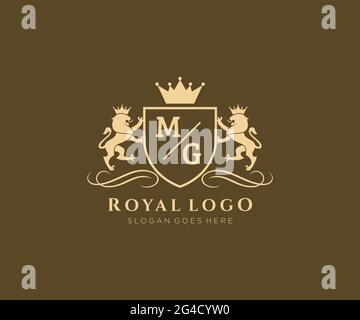 MG Letter Lion Royal Luxury Heraldic,Crest Logo template in vector art for Restaurant, Royalty, Boutique, Cafe, Hotel, Heraldic, Jewelry, Fashion and Stock Vector