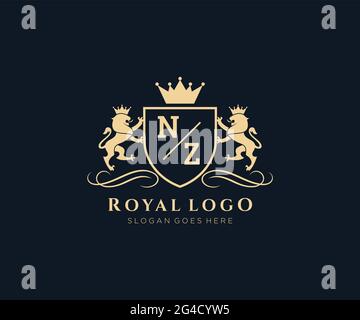 NZ Letter Lion Royal Luxury Heraldic,Crest Logo template in vector art for Restaurant, Royalty, Boutique, Cafe, Hotel, Heraldic, Jewelry, Fashion and Stock Vector