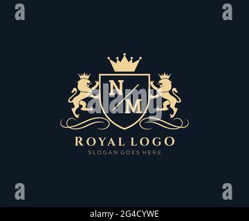 NM Letter Lion Royal Luxury Heraldic,Crest Logo template in vector art for Restaurant, Royalty, Boutique, Cafe, Hotel, Heraldic, Jewelry, Fashion and Stock Vector