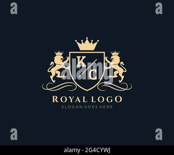 KC Letter Lion Royal Luxury Heraldic,Crest Logo template in vector art for Restaurant, Royalty, Boutique, Cafe, Hotel, Heraldic, Jewelry, Fashion and Stock Vector