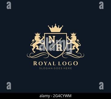 NR Letter Lion Royal Luxury Heraldic,Crest Logo template in vector art for Restaurant, Royalty, Boutique, Cafe, Hotel, Heraldic, Jewelry, Fashion and Stock Vector
