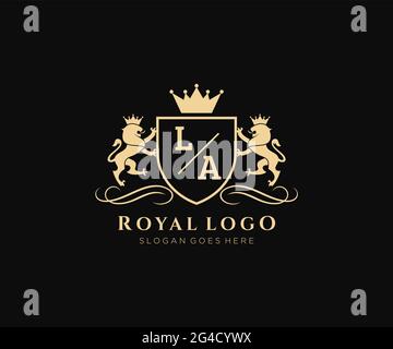 LA Letter Lion Royal Luxury Heraldic,Crest Logo template in vector art for Restaurant, Royalty, Boutique, Cafe, Hotel, Heraldic, Jewelry, Fashion and Stock Vector