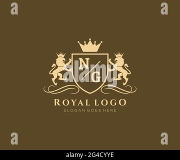 NG Letter Lion Royal Luxury Heraldic,Crest Logo template in vector art for Restaurant, Royalty, Boutique, Cafe, Hotel, Heraldic, Jewelry, Fashion and Stock Vector