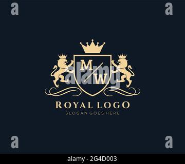 MW Letter Lion Royal Luxury Heraldic,Crest Logo template in vector art for Restaurant, Royalty, Boutique, Cafe, Hotel, Heraldic, Jewelry, Fashion and Stock Vector