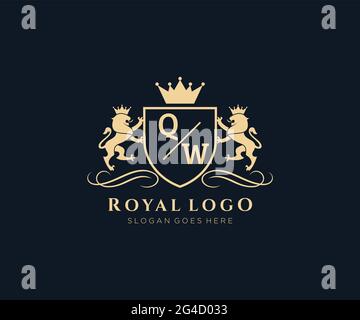 QW Letter Lion Royal Luxury Heraldic,Crest Logo template in vector art for Restaurant, Royalty, Boutique, Cafe, Hotel, Heraldic, Jewelry, Fashion and Stock Vector