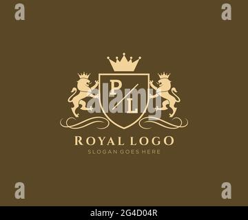 PL Letter Lion Royal Luxury Heraldic,Crest Logo template in vector art for Restaurant, Royalty, Boutique, Cafe, Hotel, Heraldic, Jewelry, Fashion and Stock Vector