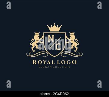 NC Letter Lion Royal Luxury Heraldic,Crest Logo template in vector art for Restaurant, Royalty, Boutique, Cafe, Hotel, Heraldic, Jewelry, Fashion and Stock Vector