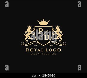 PU Letter Lion Royal Luxury Heraldic,Crest Logo template in vector art for Restaurant, Royalty, Boutique, Cafe, Hotel, Heraldic, Jewelry, Fashion and Stock Vector