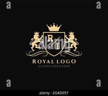 RI Letter Lion Royal Luxury Heraldic,Crest Logo template in vector art for Restaurant, Royalty, Boutique, Cafe, Hotel, Heraldic, Jewelry, Fashion and Stock Vector