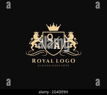 QA Letter Lion Royal Luxury Heraldic,Crest Logo template in vector art for Restaurant, Royalty, Boutique, Cafe, Hotel, Heraldic, Jewelry, Fashion and Stock Vector