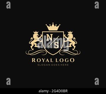 NS Letter Lion Royal Luxury Heraldic,Crest Logo template in vector art for Restaurant, Royalty, Boutique, Cafe, Hotel, Heraldic, Jewelry, Fashion and Stock Vector