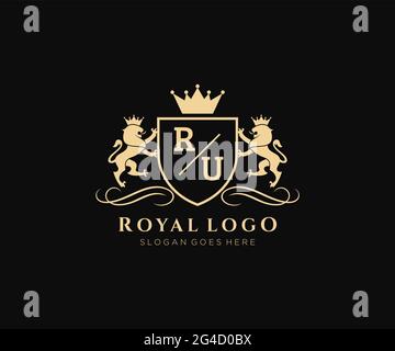 RU Letter Lion Royal Luxury Heraldic,Crest Logo template in vector art for Restaurant, Royalty, Boutique, Cafe, Hotel, Heraldic, Jewelry, Fashion and Stock Vector