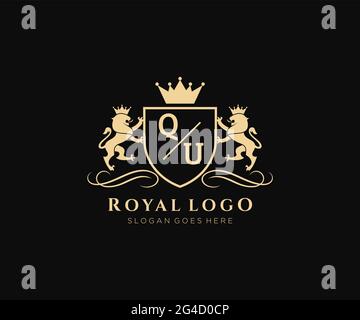 QU Letter Lion Royal Luxury Heraldic,Crest Logo template in vector art for Restaurant, Royalty, Boutique, Cafe, Hotel, Heraldic, Jewelry, Fashion and Stock Vector