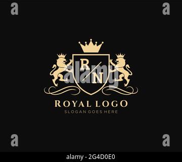 RN Letter Lion Royal Luxury Heraldic,Crest Logo template in vector art for Restaurant, Royalty, Boutique, Cafe, Hotel, Heraldic, Jewelry, Fashion and Stock Vector