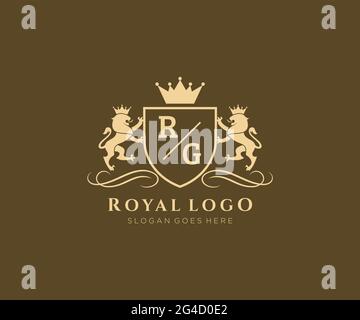 RG Letter Lion Royal Luxury Heraldic,Crest Logo template in vector art for Restaurant, Royalty, Boutique, Cafe, Hotel, Heraldic, Jewelry, Fashion and Stock Vector