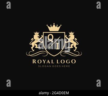 QI Letter Lion Royal Luxury Heraldic,Crest Logo template in vector art for Restaurant, Royalty, Boutique, Cafe, Hotel, Heraldic, Jewelry, Fashion and Stock Vector